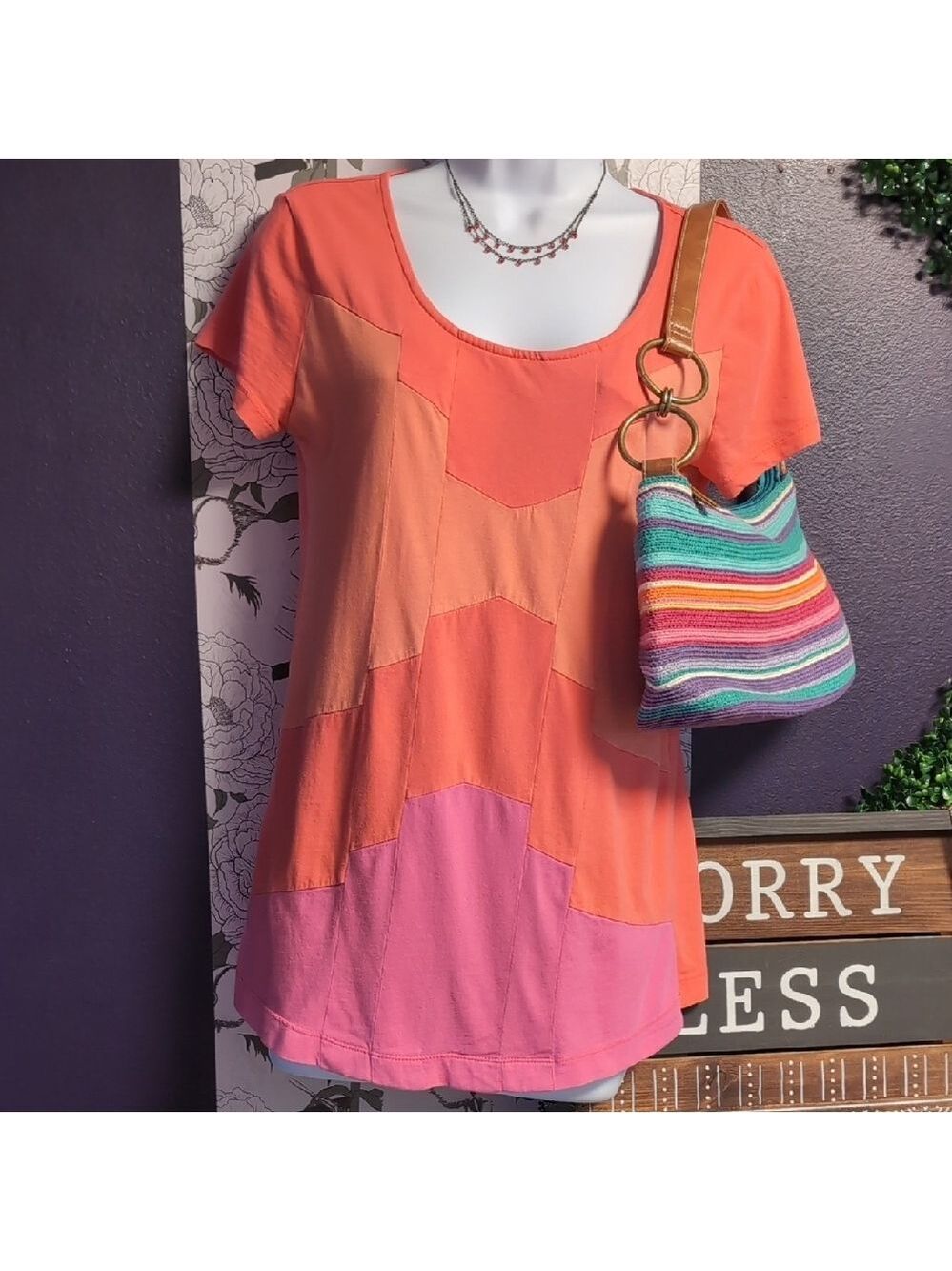 Van Heusen Orange and Pink Patchwork Women's Top